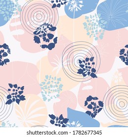 Vector organic seamless abstract background, botanical motif with stylized leaves, flowers and simple geometric shapes. Freehand doodles pattern.
