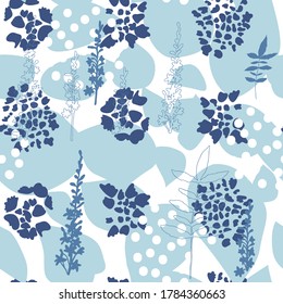 Vector organic seamless abstract background, botanical motif with stylized leaves, flowers and simple geometric shapes. Hand drawn agrimony flowers and hydrangea leaves in pastel colors. 