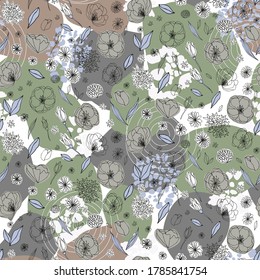 Vector organic seamless abstract background, botanical motif with stylized leaves, flowers and simple geometric shapes. Freehand doodles pattern.
