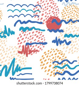 Vector Organic seamless abstract background, botanical motif, freehand doodles pattern with stylized reeds, gulls, sun and simple shapes.