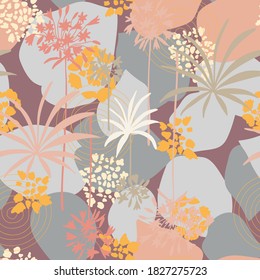 Vector organic seamless abstract background, botanical motif with stylized leaves, flowers and simple geometric shapes. Freehand doodles pattern.
