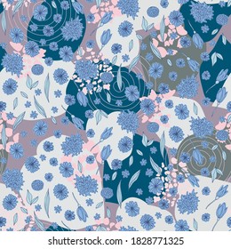 Fondo abstracto biológico sin costura vectorial, motivo botánico con hojas estilizadas, flores y formas geométricas simples. Patrón de garabatos a mano libre.
