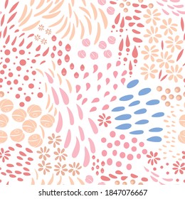 Vector organic seamless abstract background, botanical motif, freehand doodles pattern with stylized flowers, leaves, berries and simple shapes.
