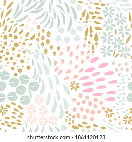 Vector organic seamless abstract background, botanical motif, freehand doodles pattern with stylized flowers, leaves, berries and simple shapes.
