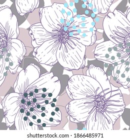 Vector organic seamless abstract background, botanical motif with stylized leaves, flowers and simple geometric shapes. Floral pattern.