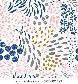 Vector Organic Seamless Abstract Background, Botanical Motif, Freehand Doodles Pattern With Stylized Flowers, Leaves, Berries And Simple Shapes.
