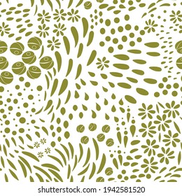 Fondo abstracto orgánico vectorial sin costura, motivo botánico, patrón de doodles a mano alzada con flores estilizadas, hojas, bayas y formas simples.
