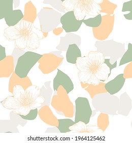 Vector organic seamless abstract background, botanical motif with stylized leaves and  flowers . Floral pattern.
