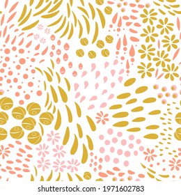 Vector organic seamless abstract background, botanical motif, freehand doodles pattern with stylized flowers, leaves, berries and simple shapes.
