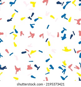 Vector organic seamless abstract background, party confetti pattern. Colorful pastel colored mosaic of simple shapes on white background.