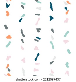 Vektorgrafik-organischer, nahtloser abstrakter Hintergrund, Partykonfetti-Muster. Farbiges pastellfarbenes Mosaik mit einfachen Formen auf weißem Hintergrund.