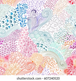 Vector organic seamless abstract background, botanical motif, freehand doodles pattern.