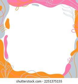 El fondo abstracto de las formas orgánicas vectoriales. Fondo abstracto con formas orgánicas, líneas, manchas, puntos, hojas, flores de color rosa, naranja y gris