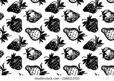 Vector Organic strawberries seamless pattern, strawberry illustrations, hand-drawn berry for vegan banner, juice, jam label design. Ripe berries background for baby food packaging. Strawberry backdrop