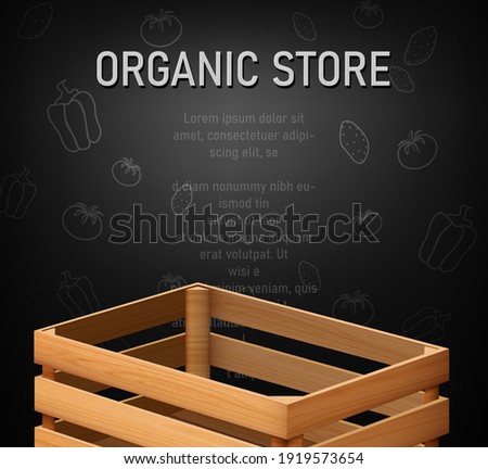Vector organic supermarket background menu banner with empty wooden cargo box for fruits and vegetables.
