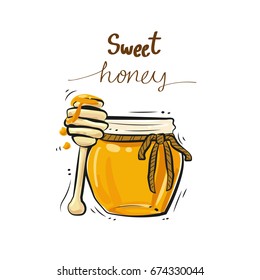Vector of organic sweet healthy honey jar.cute hand draw vector illustration.Sweet honey calligraphy.