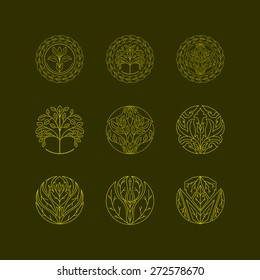 Vector organic tree icons. outline monograms and logos. ecology and bio design elements. concept for organic shop. nature symbols