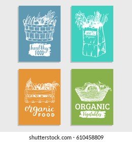 Vector organic vegetables colored cards set. Farm fresh eco products illustrations. Hand sketched various containers with greens for logos, posters etc.