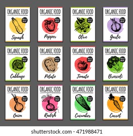 Vector organic vegetables labels or logos set. Farm eco products tags collection. Hand sketched greens cards illustration.