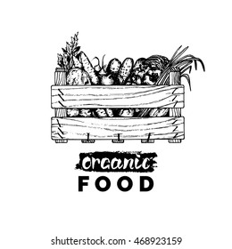 Vector organic vegetables logo. Farm fresh eco products illustration. Hand sketched wooden box with greens.