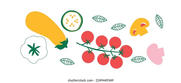 Vector Organic vegetables template. Set of juicy vegetables in cartoon style . Healthy lifestyle, vegetarianism