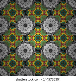 Vector oriental abstract seamless pattern. Indian circles round mandala medallion in gray, green and yellow colors. Symmetrical floral arrangement, bohemians style wall decor, print, fabric.