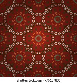 Vector oriental abstract seamless pattern. Symmetrical floral arrangement, bohemians style wall decor, print, fabric. Indian circles round mandala medallion in orange, red and brown colors.