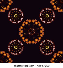 Vector oriental abstract seamless pattern. Symmetrical floral arrangement, bohemians style wall decor, print, fabric. Indian circles round mandala medallion in black, brown and orange colors.