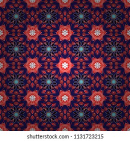 Vector oriental background in saturated colors. Tribal motifs. Vintage decorative elements in red, white and blue colors. Seamless pattern mandala ornament.