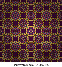 Vector oriental background in saturated colors. Tribal motifs. Seamless pattern mandala ornament. Vintage decorative elements in blue, yellow and purple colors.