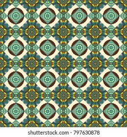 Vector oriental background in saturated colors. Vintage decorative elements in brown, blue and beige colors. Tribal motifs. Seamless pattern mandala ornament.