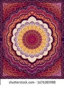 Vector Oriental carpet. Colors: purple, pink, yellow.