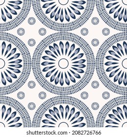 Vector oriental ethnic circle flower shape blue color seamless pattern background. Use for fabric, textile, interior decoration elements, upholstery.