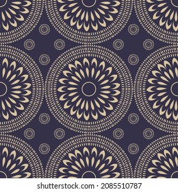 Vektororientalische Kreise Blume formen zeitgenössische goldene Farbe nahtlose Muster auf dunkelblauem Hintergrund. Verwendung für Stoffe, Textilien, Dekorationselemente, Polstermöbel.