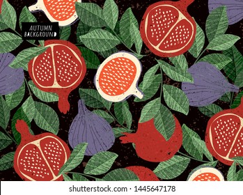 Vector oriental floral background from objects: pomegranate, figs and leaves. Illustrations from the hands of the autumn harvest and plants for the pattern. Texture elements
