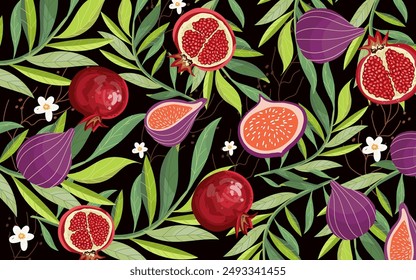 Vector oriental floral background from objects: pomegranate, figs and leaves. Illustrations from the hands of the autumn harvest and plants for the pattern. 