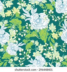 Vector Oriental Green Garden Seamless Pattern
