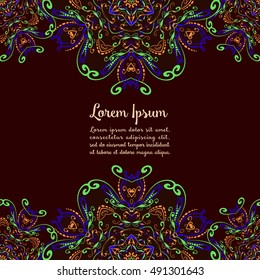 Vector oriental hand drawn card with mandala border. Template for design with ethnic indian ornaments and empty space for text message.