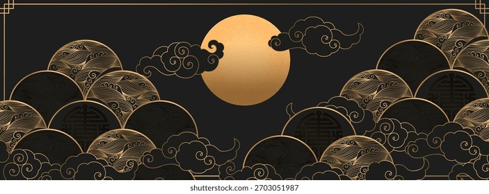 Vector oriental illustration with gold waves, clouds and moon isolated on black background. Traditional asian motifs ornament template for web banner, card print, poster, brochure, wallpaper