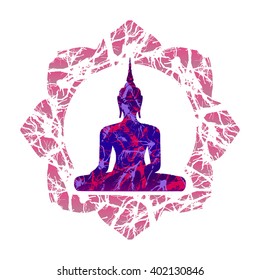 Vector oriental illustration with textured sitting Buddha on pink lotus flower. Buddha silhouette. Colorful sitting Buddha silhouette on white isolated background. Grunge paint splash effect in vector
