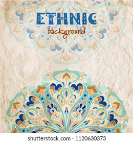 Vector oriental mandala motif on an old grunge paper. Ethnic vintage background.