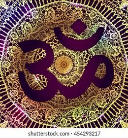 Vector oriental mandala with om symbol. Golden circle meditative yoga design, traditional indian style