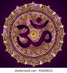 Vector oriental mandala with om symbol. Golden circle meditative yoga design, traditional indian style