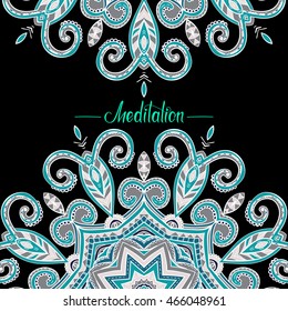 Vector oriental mandala with place for text, hand-drawn mandala border, decorative background with colorful blue ornament, Islam, Arabic, Indian, ottoman motifs, Meditation lettering, EPS 10
