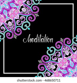 Vector oriental mandala with place for text in the middle, hand-drawn blue and purple mandala square frame, Islam, Arabic, Indian motifs, Meditation lettering, EPS 10