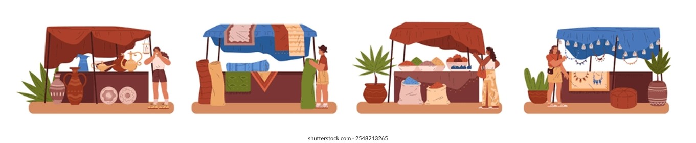 Vector oriental market with tents and lively shops. Traditional fruits, dishes, ceramics and accessories. A lively atmosphere with buyers, sellers and palm trees.