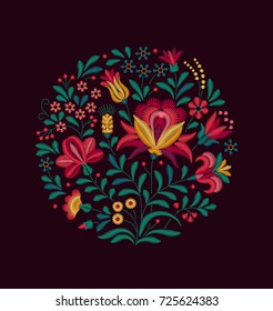 Vector Oriental motif of flowers. Imitation of embroidery. Multicolored flowers on a black background. Bouquet of flowers. Floral ornament in the form of a rosette and a round shape. Vintage Card.