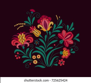 Vector motivo oriental das flores. Imitação de bordados. Flores coloridas em um fundo preto. Buquê de flores. Ornamento floral. Cartão Vintage.