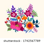 Vector Oriental motif of flowers. Original Floral design with of a woody vine with exotic flowers, tropic leaves and smaller birds. Tree of life Colorful flowers on a white background. Folk style.
