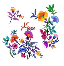 Vector Oriental Motif Of Flowers. Original Floral Design With Of A Woody Vine With Exotic Flowers, Tropic Leaves And Smaller Birds. Tree Of Life Colorful Flowers On A White Background. Folk Style.